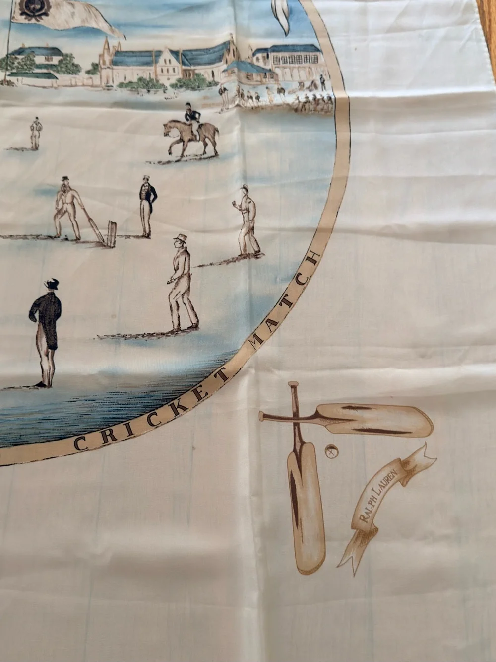 Ralph Lauren Rare 100 % Silk Cream and Blue Cricket Match Lg Scarf- approx 34”